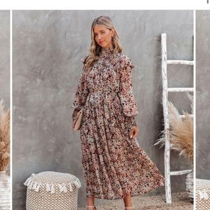 Vici BLACK CHERRY FLORAL METALLIC SMOCKED MIDI DRESS